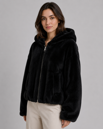 Women's Faux Fur Jacket - Hooded Zip Up Plush Jacket