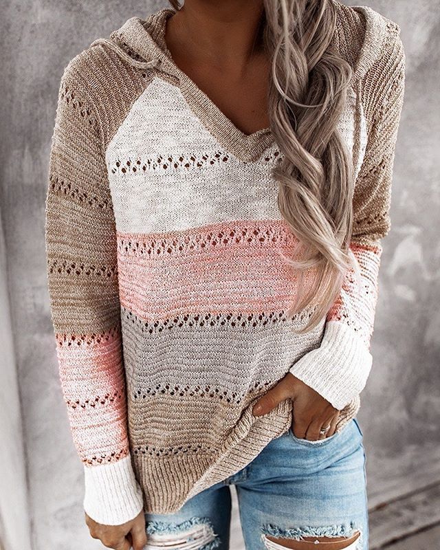 Women's Striped Knit Hoodie – Long Sleeve
