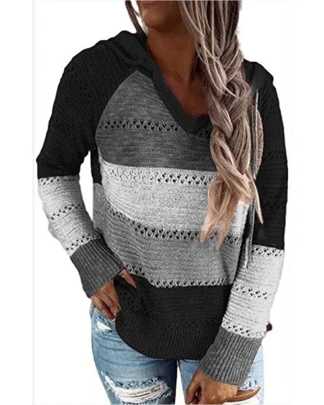 Women's Striped Knit Hoodie – Long Sleeve