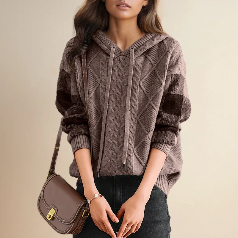 Women's Cable Knit Hoodie Sweater – Drawstring Long Sleeve