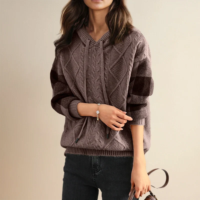 Women's Cable Knit Hoodie Sweater – Drawstring Long Sleeve