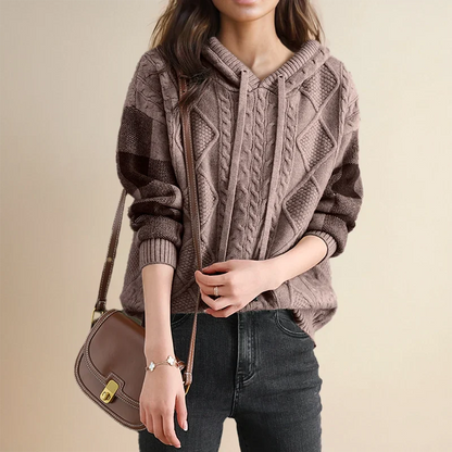 Women's Cable Knit Hoodie Sweater – Drawstring Long Sleeve