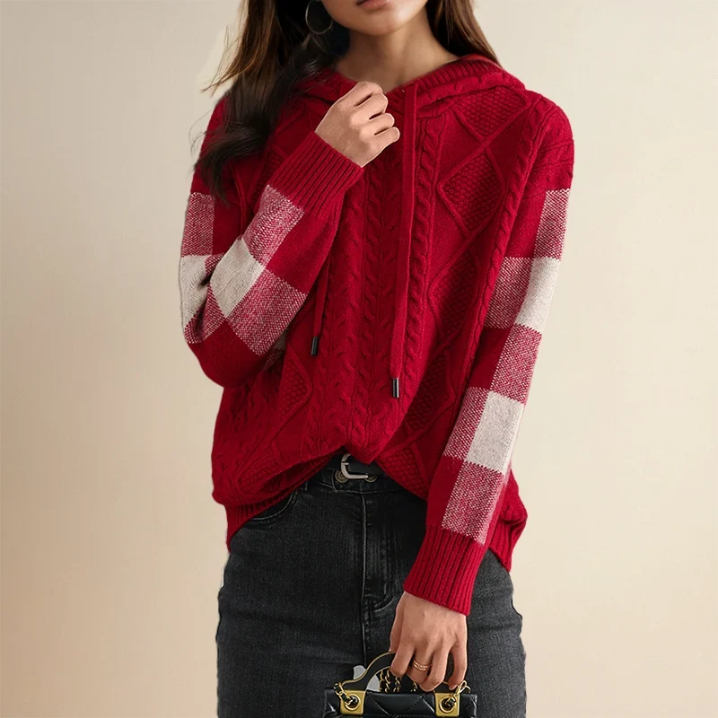 Women's Cable Knit Hoodie Sweater – Drawstring Long Sleeve