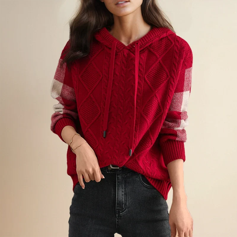Women's Cable Knit Hoodie Sweater – Drawstring Long Sleeve