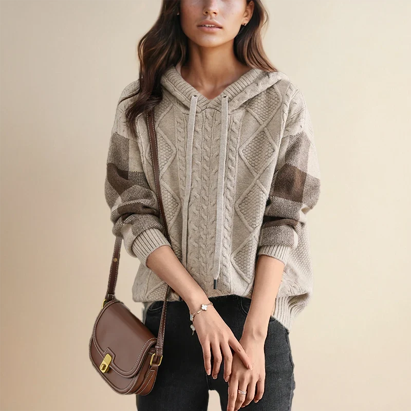 Women's Cable Knit Hoodie Sweater – Drawstring Long Sleeve
