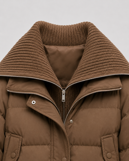 Women's Puffer Jacket - Cropped Quilted Ribbed Collar Winter Coat