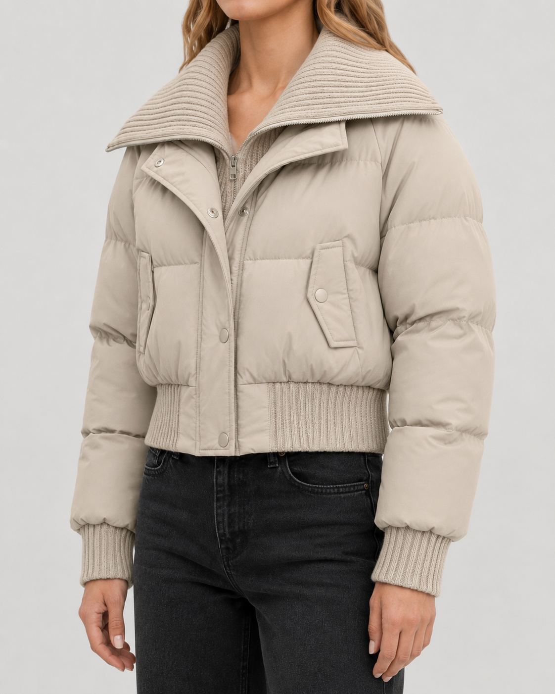 Women's Puffer Jacket - Cropped Quilted Ribbed Collar Winter Coat