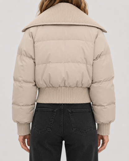Women's Puffer Jacket - Cropped Quilted Ribbed Collar Winter Coat