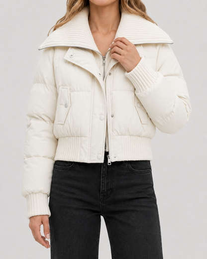 Women's Puffer Jacket - Cropped Quilted Ribbed Collar Winter Coat