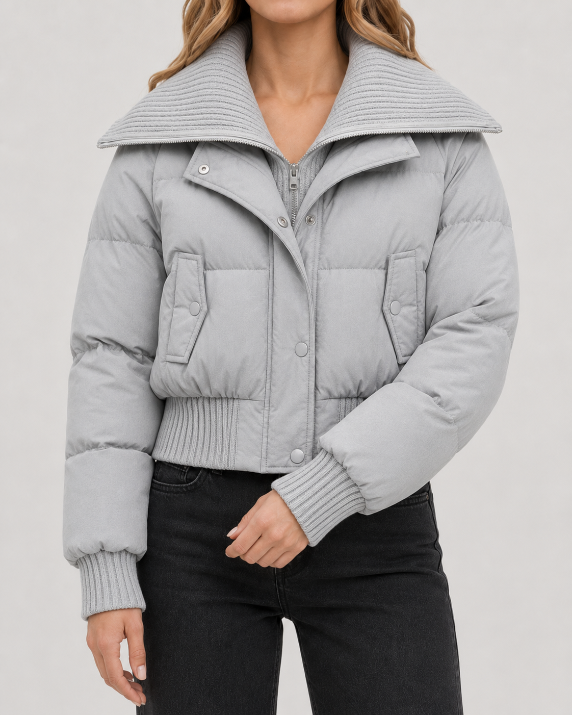 Women's Puffer Jacket - Cropped Quilted Ribbed Collar Winter Coat