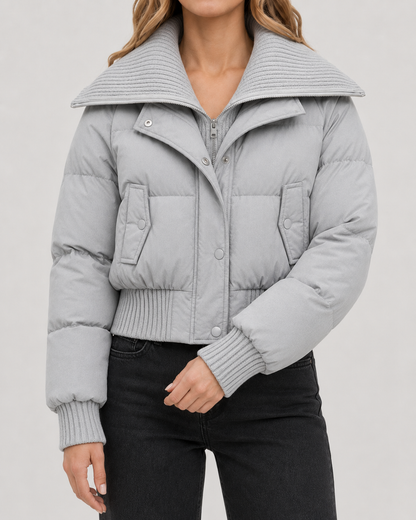 Women's Puffer Jacket - Cropped Quilted Ribbed Collar Winter Coat