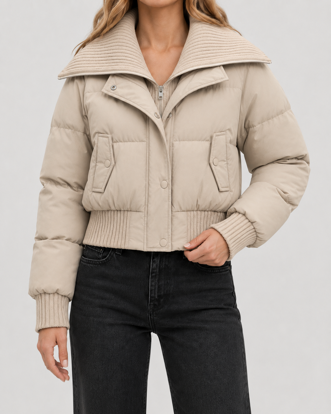 Women's Puffer Jacket - Cropped Quilted Ribbed Collar Winter Coat