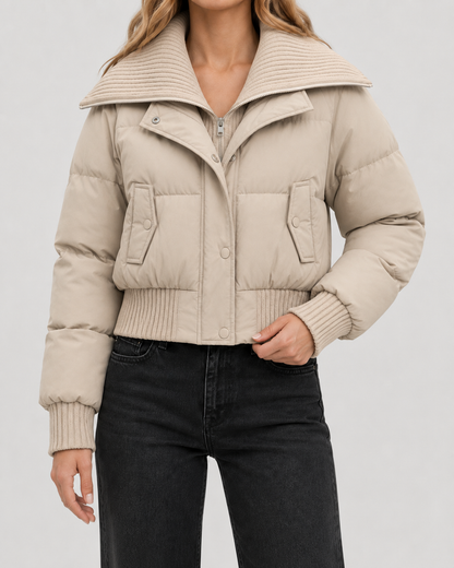 Women's Puffer Jacket - Cropped Quilted Ribbed Collar Winter Coat