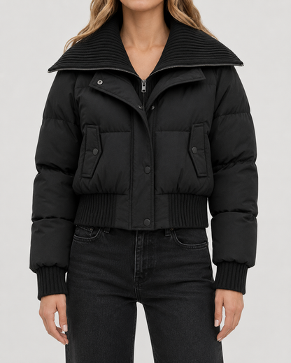 Women's Puffer Jacket - Cropped Quilted Ribbed Collar Winter Coat