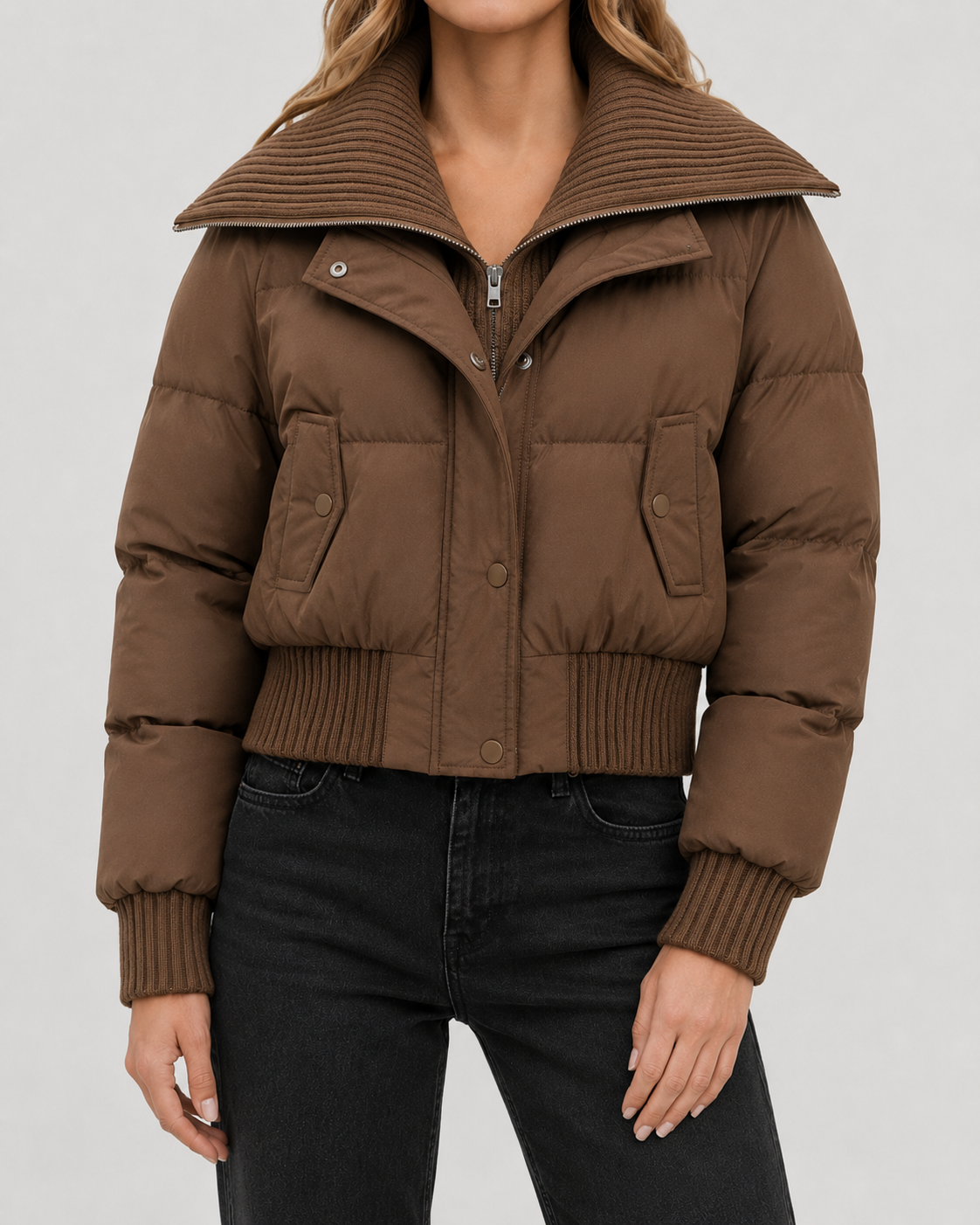 Women's Puffer Jacket - Cropped Quilted Ribbed Collar Winter Coat
