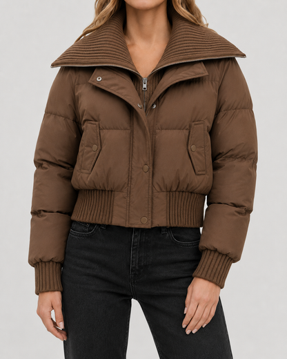 Women's Puffer Jacket - Cropped Quilted Ribbed Collar Winter Coat