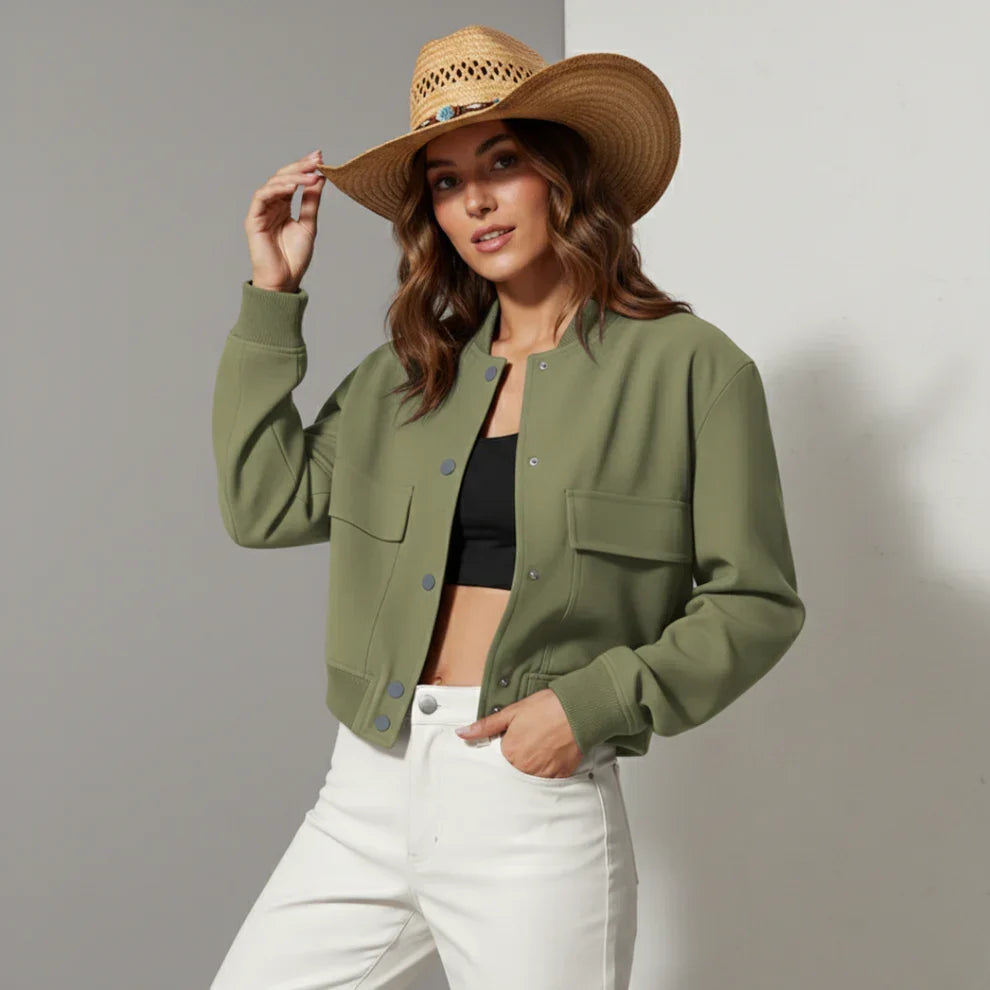 Women's Leather Bomber Jacket - Collared Button Front