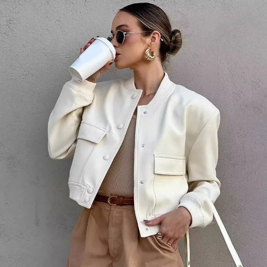 Women's Cropped Leather Bomber Jacket - Snap Button Pockets