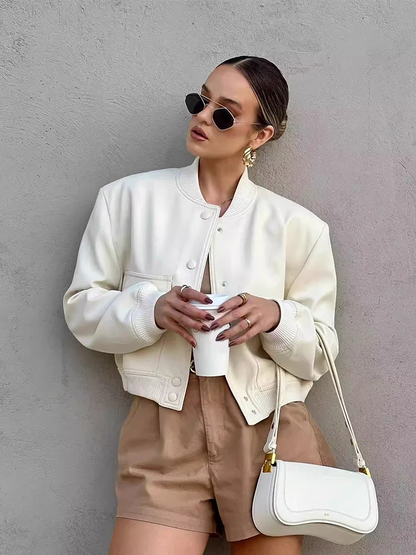 Women's Cropped Leather Bomber Jacket - Snap Button Pockets