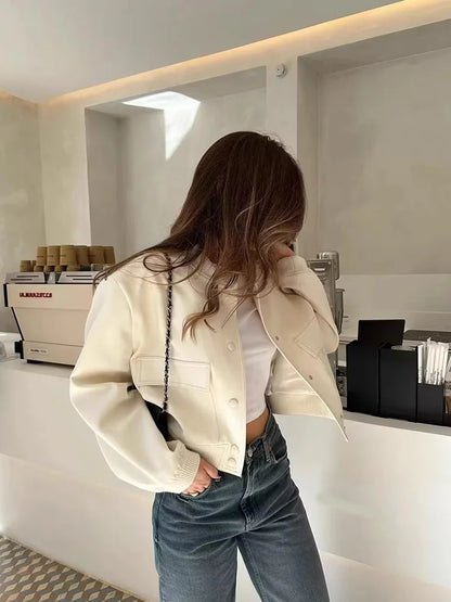 Women's Cropped Leather Bomber Jacket - Snap Button Pockets