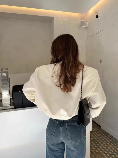 Women's Cropped Leather Bomber Jacket - Snap Button Pockets