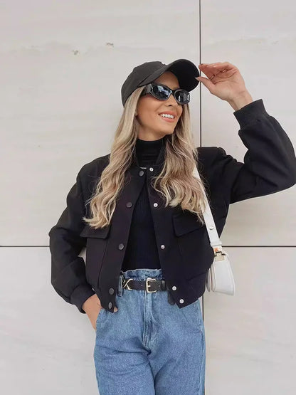 Women's Cropped Leather Bomber Jacket - Snap Button Pockets