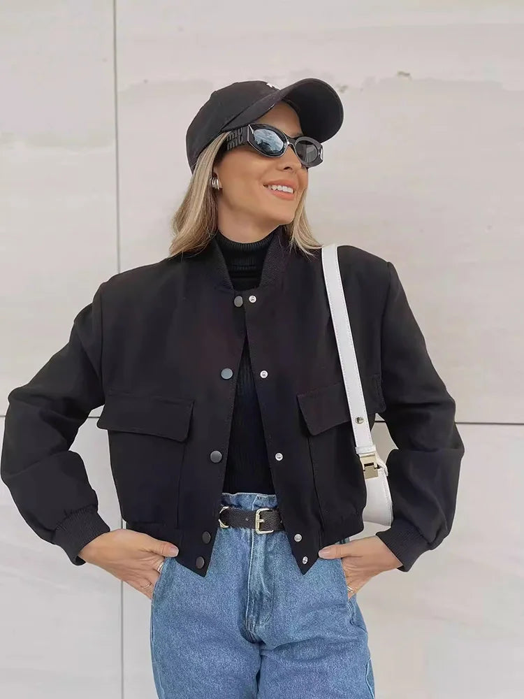 Women's Cropped Leather Bomber Jacket - Snap Button Pockets