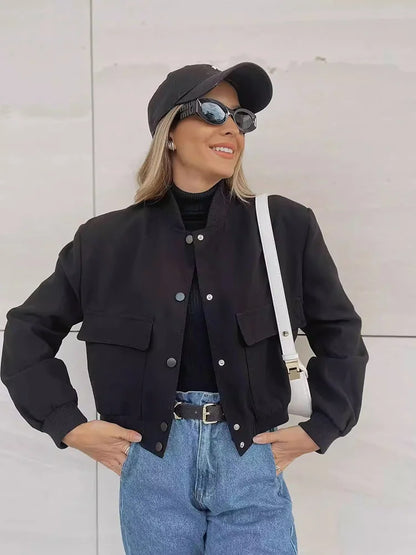 Women's Cropped Leather Bomber Jacket - Snap Button Pockets
