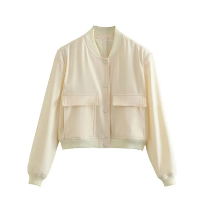 Women's Cropped Leather Bomber Jacket - Snap Button Pockets