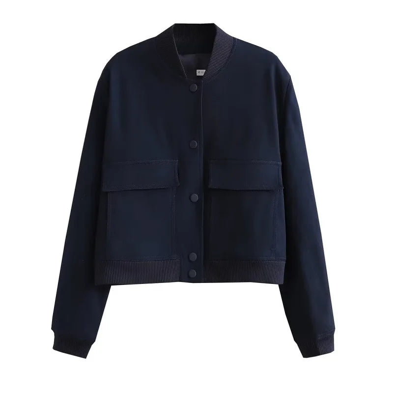 Women's Cropped Leather Bomber Jacket - Snap Button Pockets