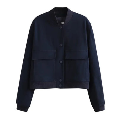 Women's Cropped Leather Bomber Jacket - Snap Button Pockets