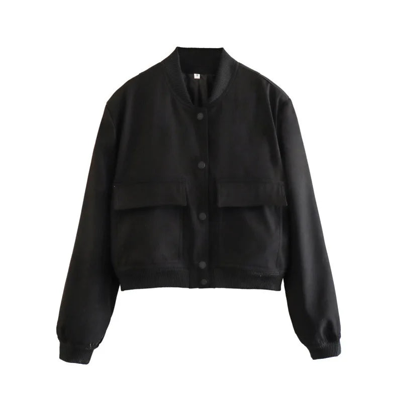 Women's Cropped Leather Bomber Jacket - Snap Button Pockets