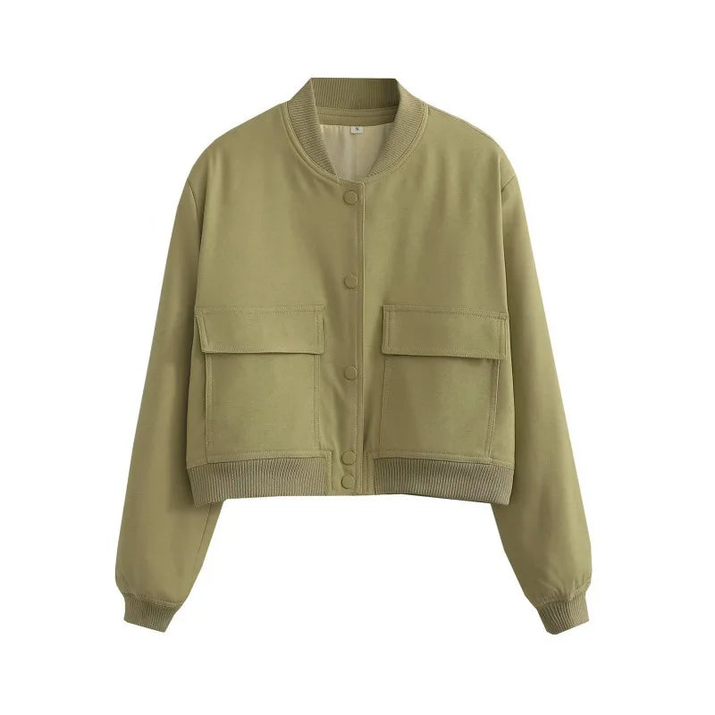 Women's Cropped Leather Bomber Jacket - Snap Button Pockets