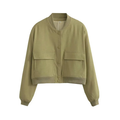 Women's Cropped Leather Bomber Jacket - Snap Button Pockets