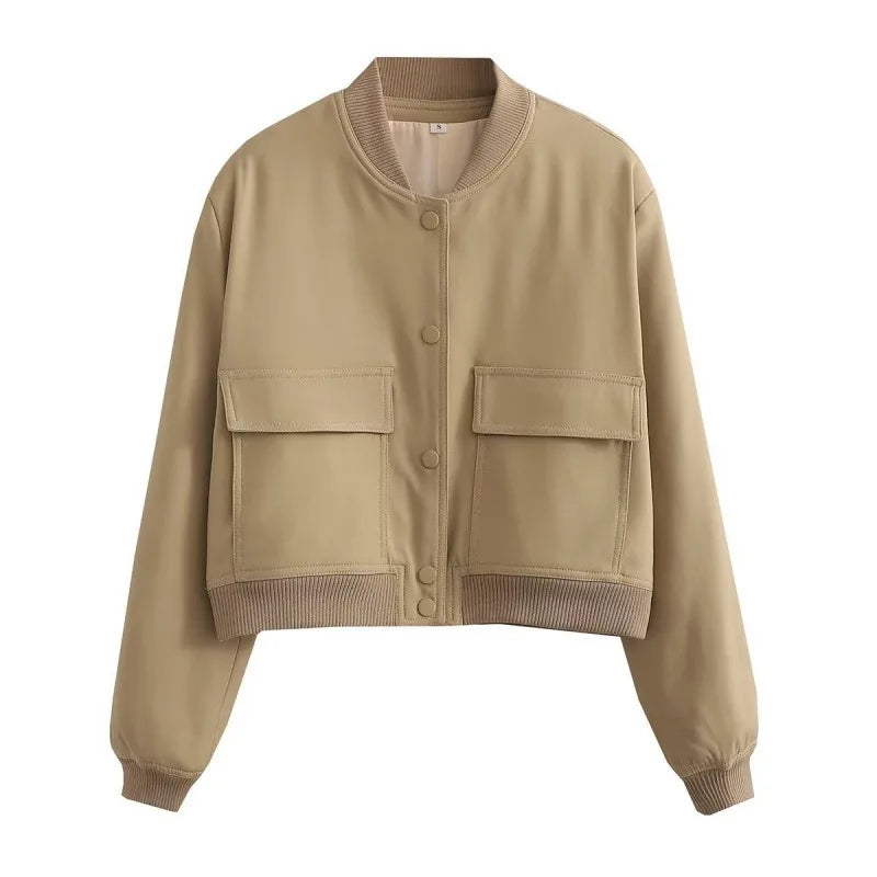 Women's Cropped Leather Bomber Jacket - Snap Button Pockets