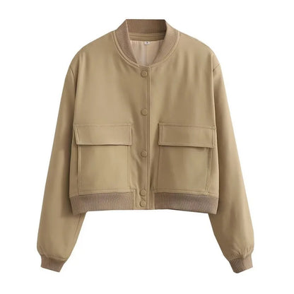 Women's Cropped Leather Bomber Jacket - Snap Button Pockets