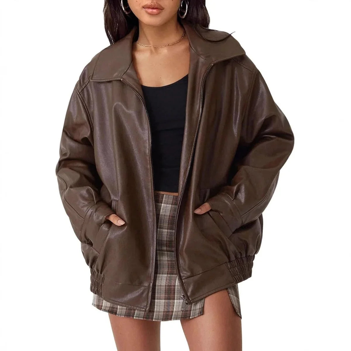 Women's Oversized Leather Bomber Jacket - Zip Up Jacket