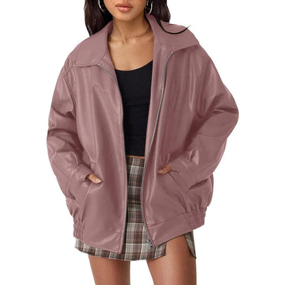 Women's Oversized Leather Bomber Jacket - Zip Up Jacket