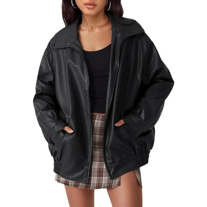 Women's Oversized Leather Bomber Jacket - Zip Up Jacket