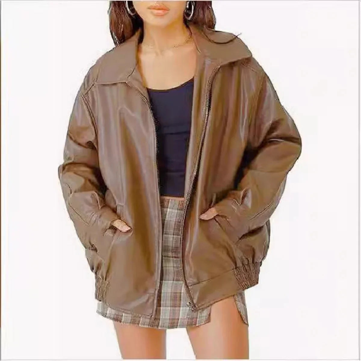 Women's Oversized Leather Bomber Jacket - Zip Up Jacket