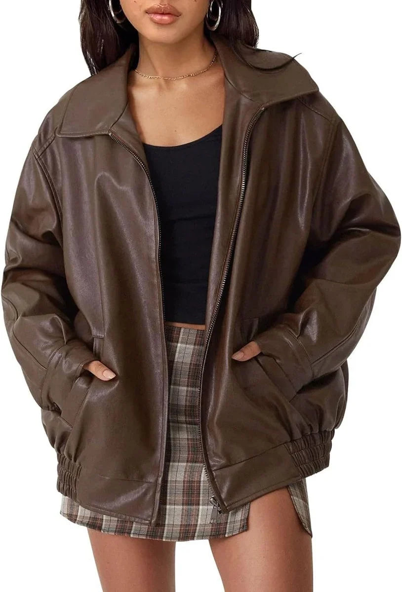 Women's Oversized Leather Bomber Jacket - Zip Up Jacket