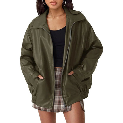 Women's Oversized Leather Bomber Jacket - Zip Up Jacket