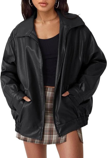 Women's Oversized Leather Bomber Jacket - Zip Up Jacket
