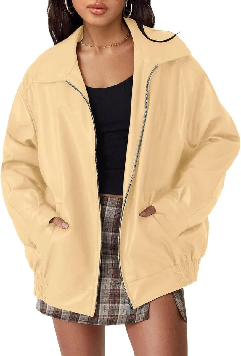 Women's Oversized Leather Bomber Jacket - Zip Up Jacket