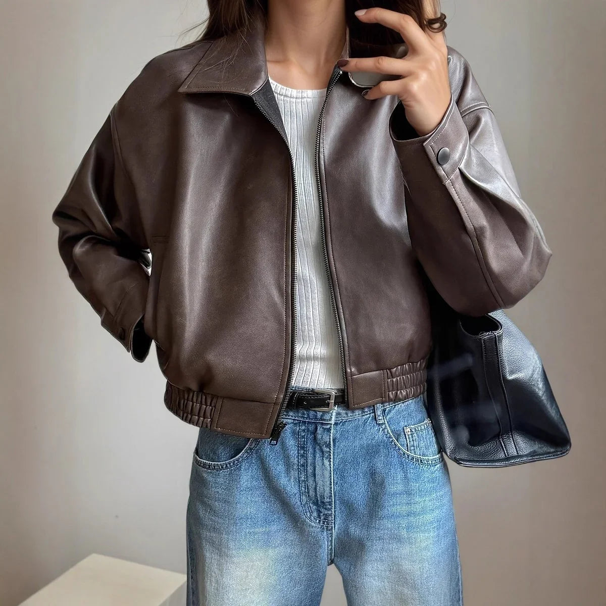 Women's Cropped Leather Bomber Jacket - Zip Up Jacket