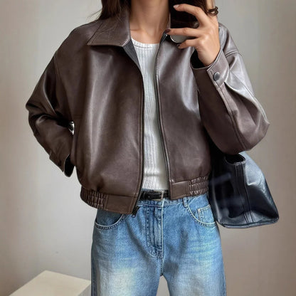 Women's Cropped Leather Bomber Jacket - Zip Up Jacket