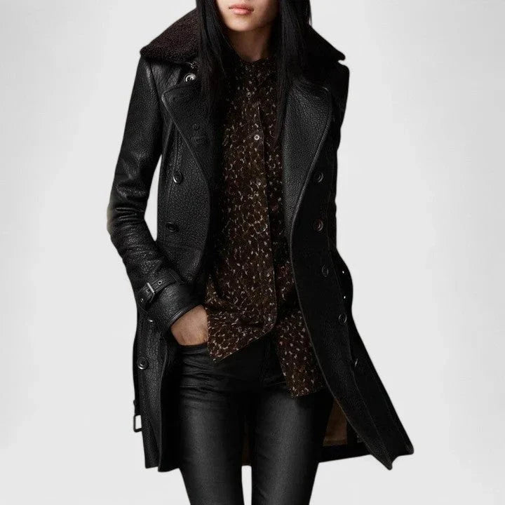Women's Double-Breasted Faux Leather Trench Coat – Belted