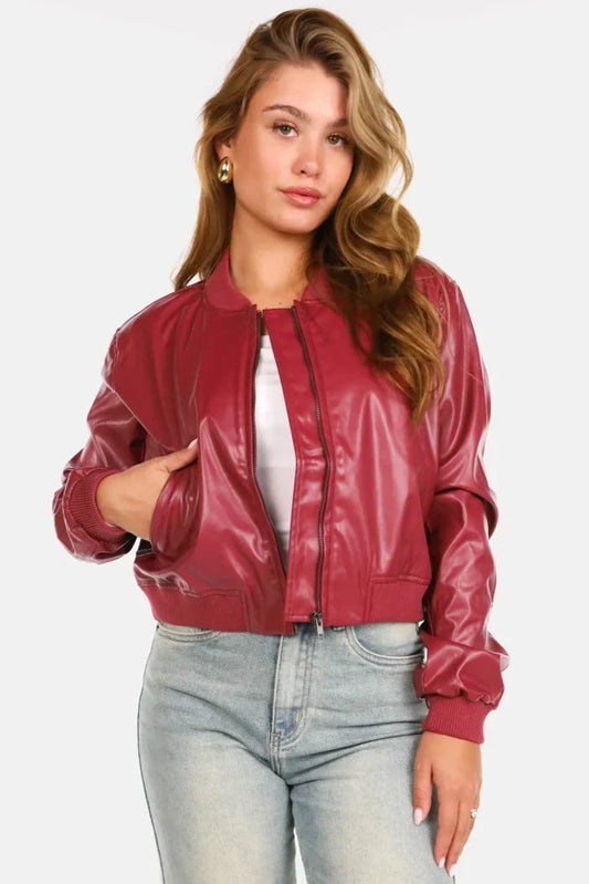 Women's Leather Bomber Jacket - Zip Front Ribbed Cuffs