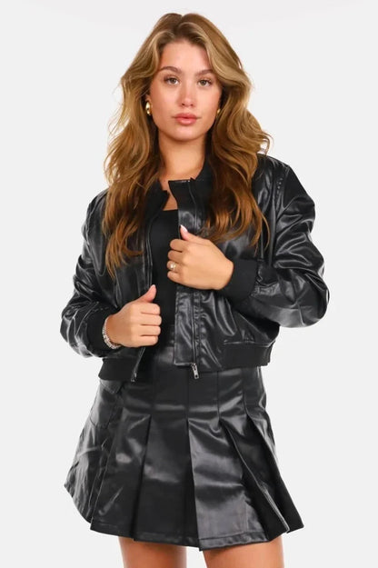 Women's Leather Bomber Jacket - Zip Front Ribbed Cuffs
