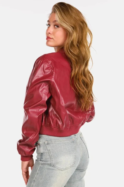 Women's Leather Bomber Jacket - Zip Front Ribbed Cuffs